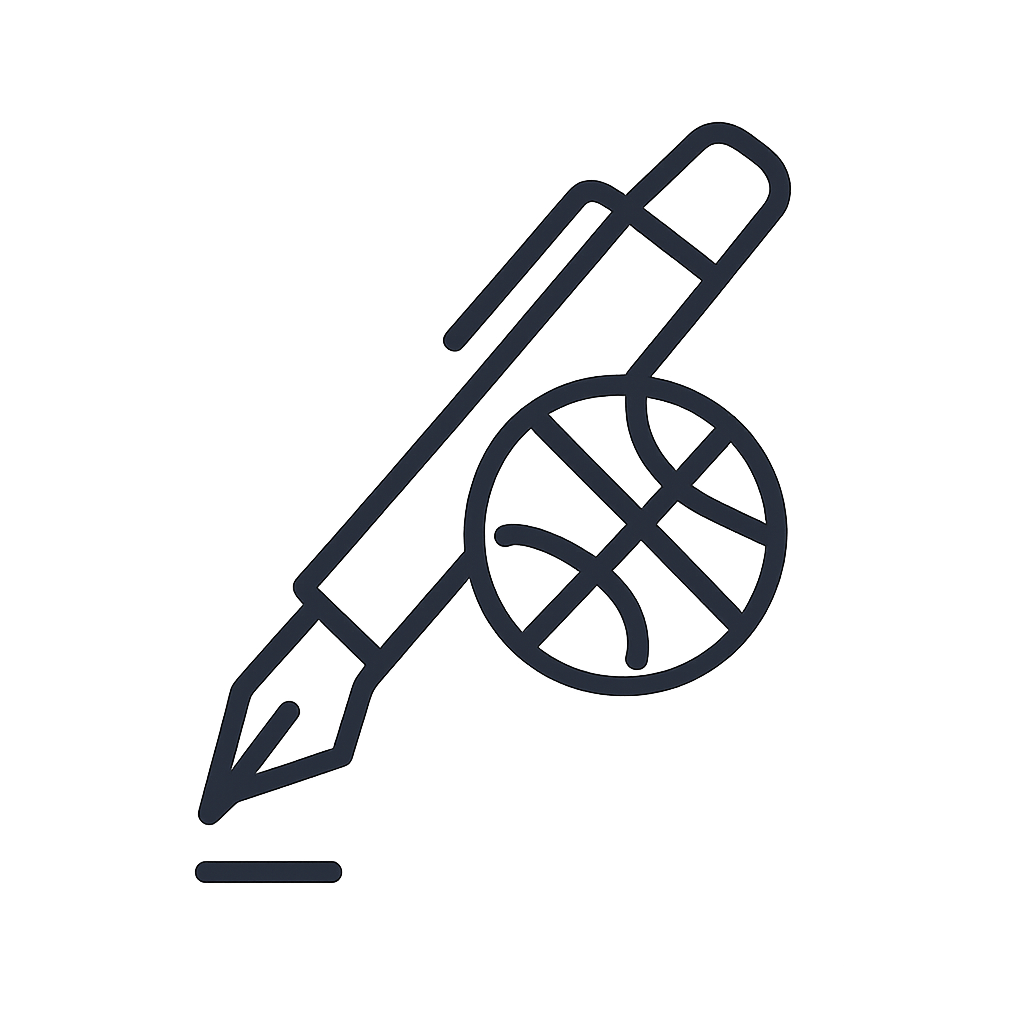A gray icon of a pen drawing a basketball.