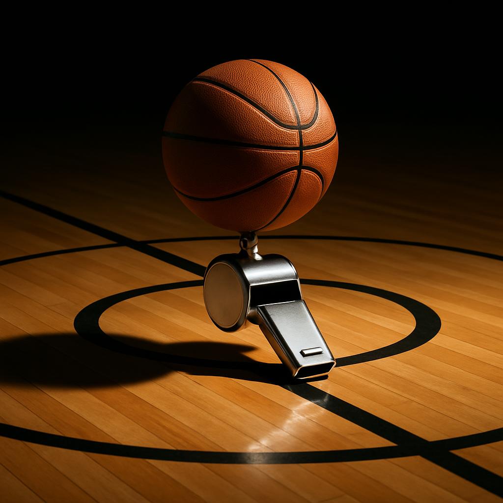 A basketball places atop a whistle, suggesting that it is game time and the referee is evaluating performance temporarily.