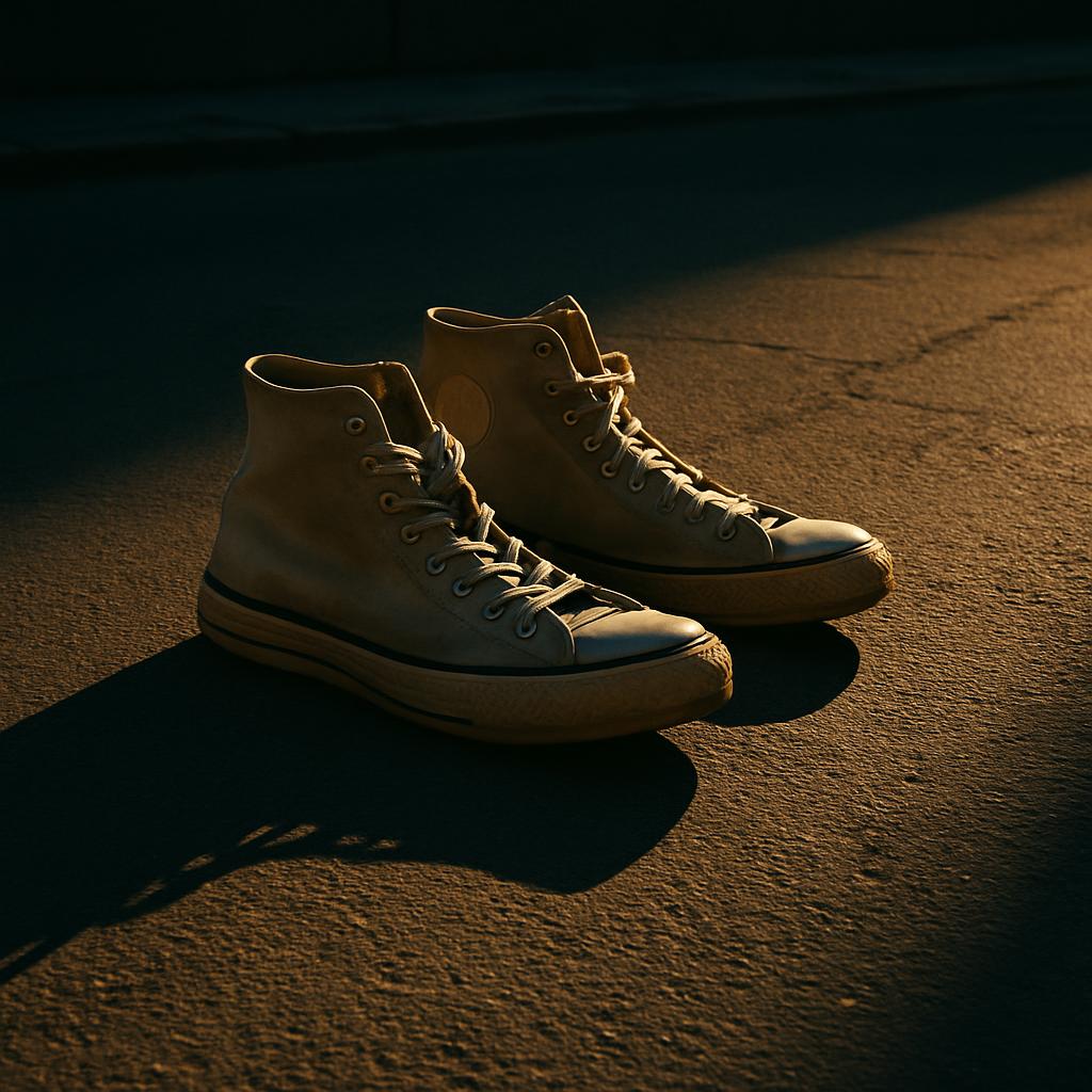 Pair of high-top sneakers, sicha color, in direct sunlight, on a concrete surface, low lighting on the bottom half of the ...